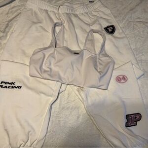 PINK Victoria's Secret White Racing Sweatpants with Matching Sports Bra